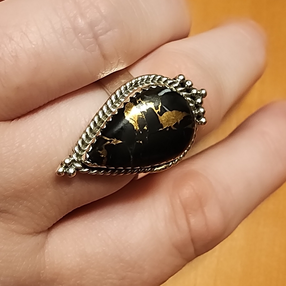 S925 & Black Stallion Turquoise Dahlia - adjustable size ring - NEW!